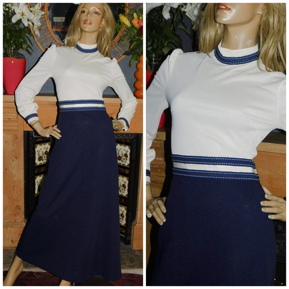 Vintage 70s Navy White CONTRAST Maxi Evening Dress 8-10 S 1970s