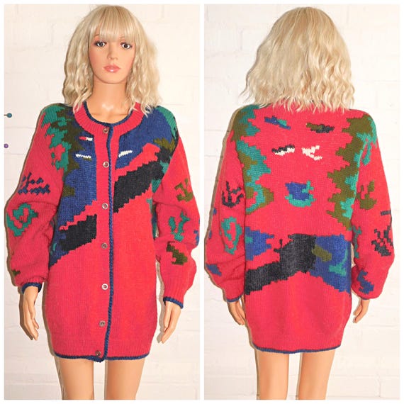 Vintage 80s Red ICELANDIC Wool Chunky Cardigan S M