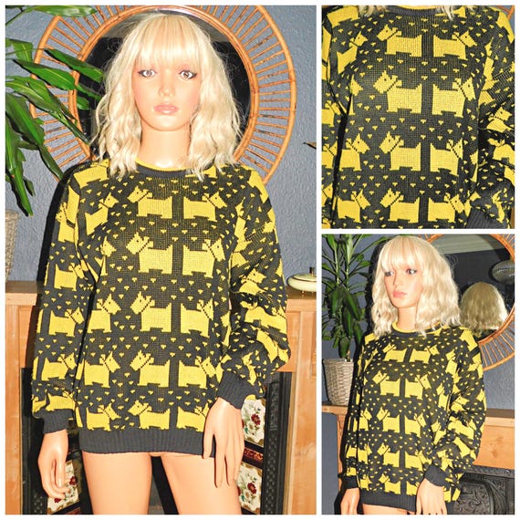 Vintage 80s 90s SCOTTY DOG Black Yellow Jumper Sweater S M 1990s Novelty Kitsch 1980s