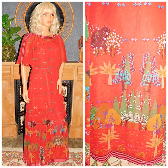 Vintage 70s Floaty Red Multicoloured HERMITT NOVELTY TREE Print Maxi Dress 10 S 1970s Kitsch Signed Boho