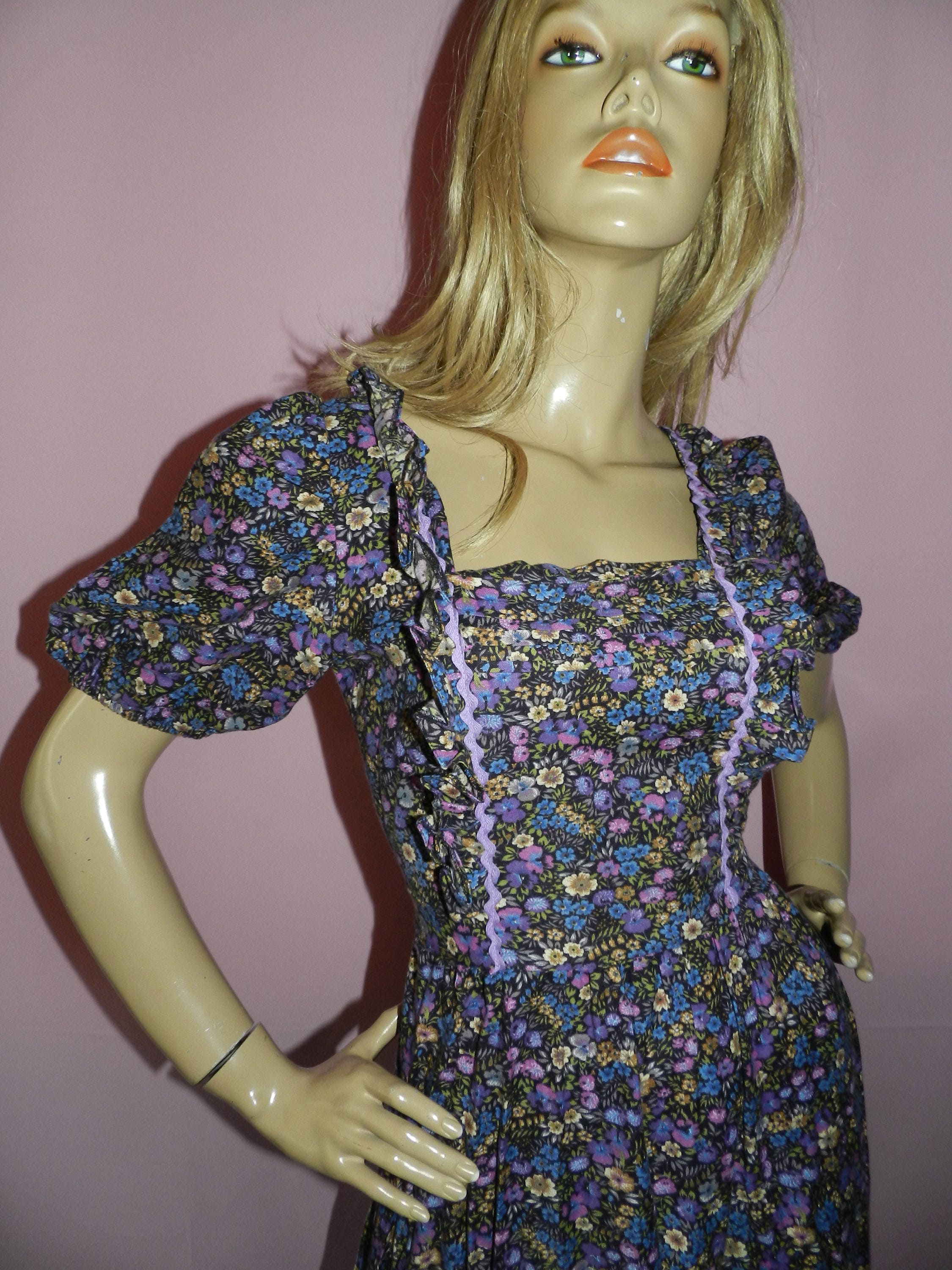 Vintage 70s BOHEMIAN DITSY Floral print maxi dress 8-10 S 1970s Hippy ...