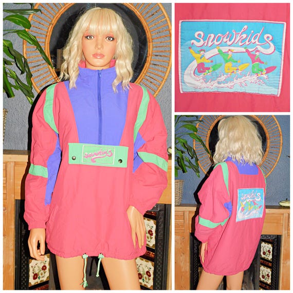 Vintage 80s 90s Pink Purple Green Colour Block PADDED SKI Jacket Top S M 1980s 1990s Kitsch Pockets Puffer