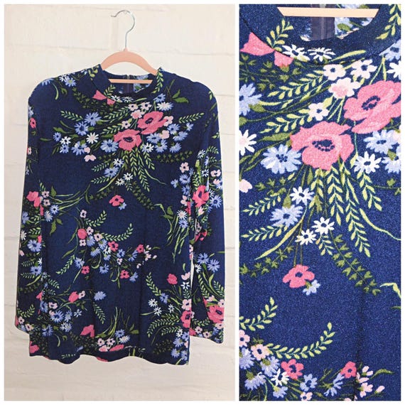 Vintage 70s Navy Multicoloured FLORAL Nylon Tunic Top Top 16 L 1970s Kitsch Flower Power