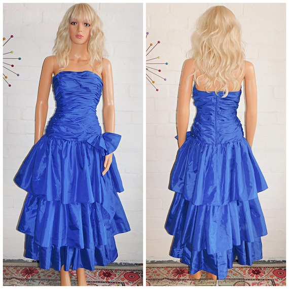 Vintage 80s Blue BOW STRAPLESS RaRa Prom Party Dress 8 Xs S 1980s Fantasy Kitsch Extreme Costume