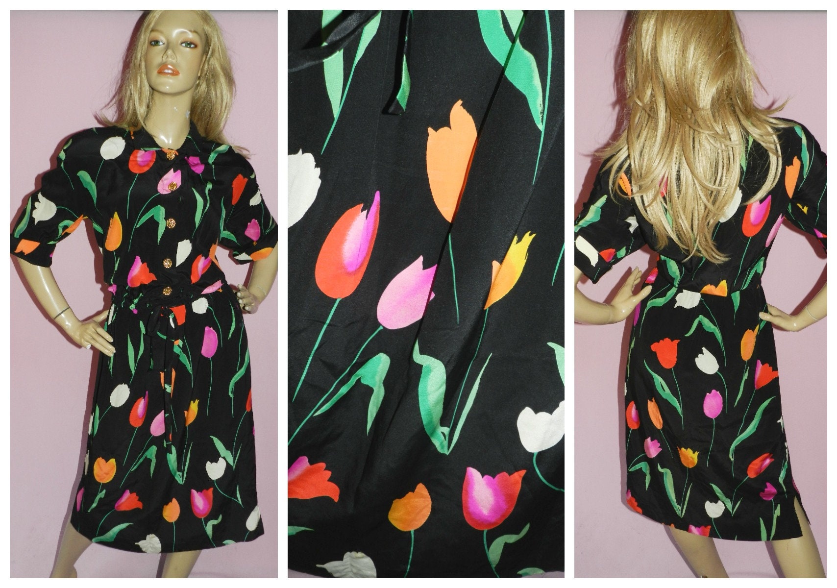 Vintage 80s Black Multicoloured Floral TULIP Print Day Dress 14-16 M L ...
