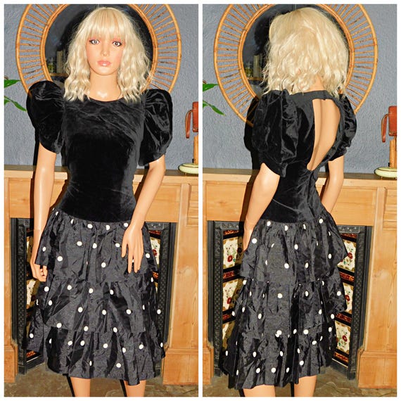Vintage 80s Black White POLKA DOT Drop Waist Puff Slvd RARA Cutout Prom Party Dress 8 S 1980s Kitsch Cocktail Evening