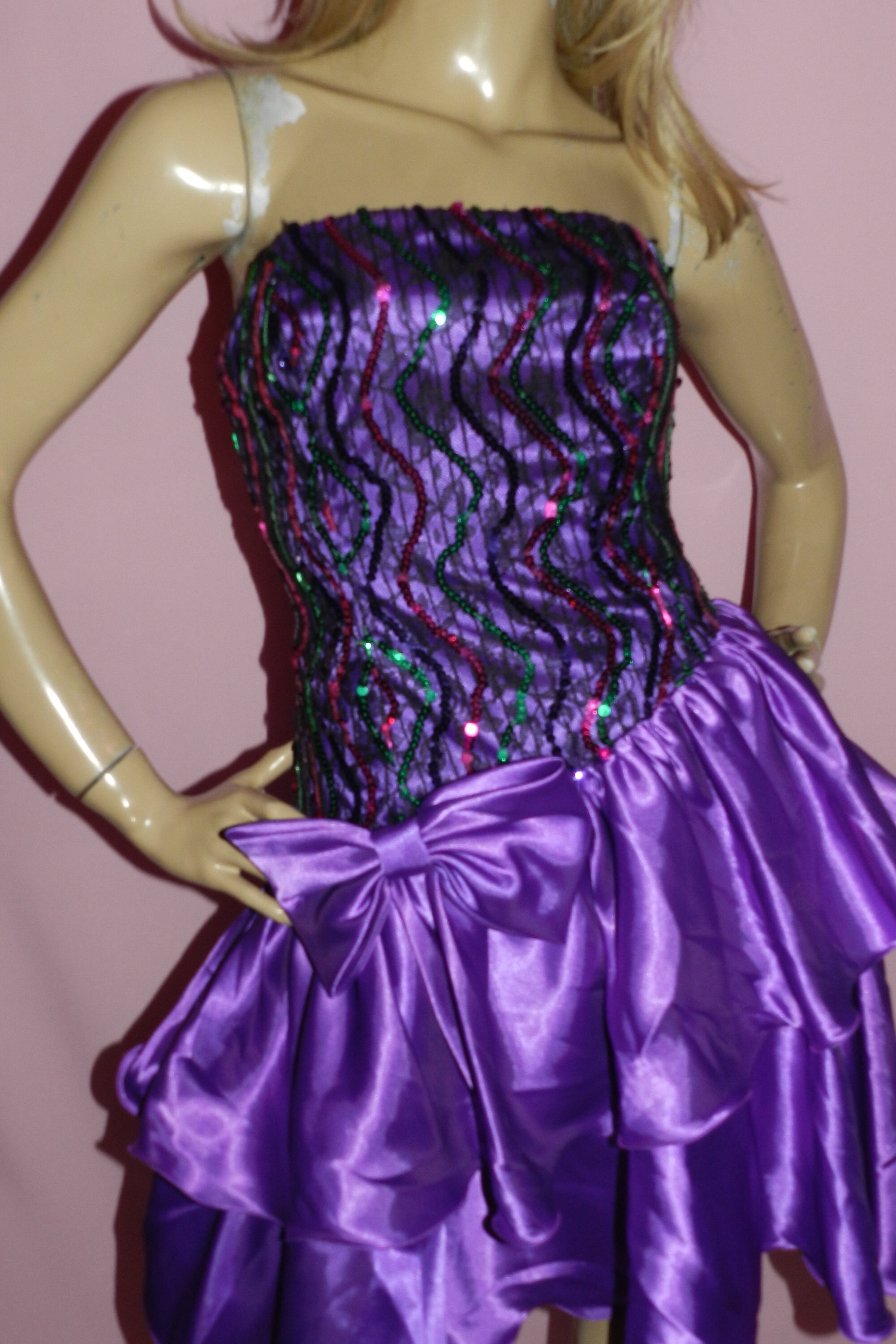 Vintage 80s PURPLE Multicoloured SEQUIN Bow RaRa Prom Party dress 6-8 ...