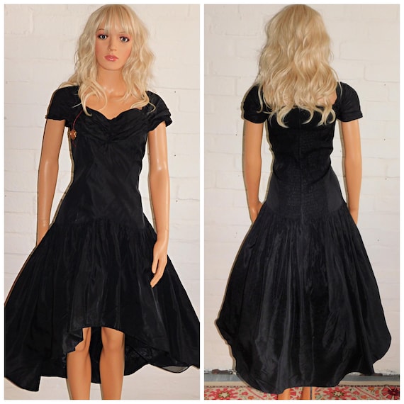 Vintage 80s Black PROM Party Dress 12 M 1980s Cocktail Kitsch Extreme Asymetrical Avant Garde
