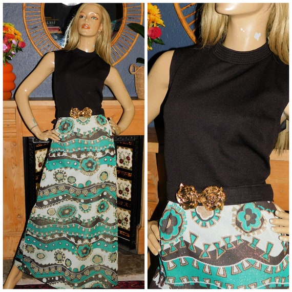 Vintage 70s Brown Mint Green Gold PSYCHEDELIC LUREX CONTRAST Maxi Dress 10 S 1970s Kitsch Groovy