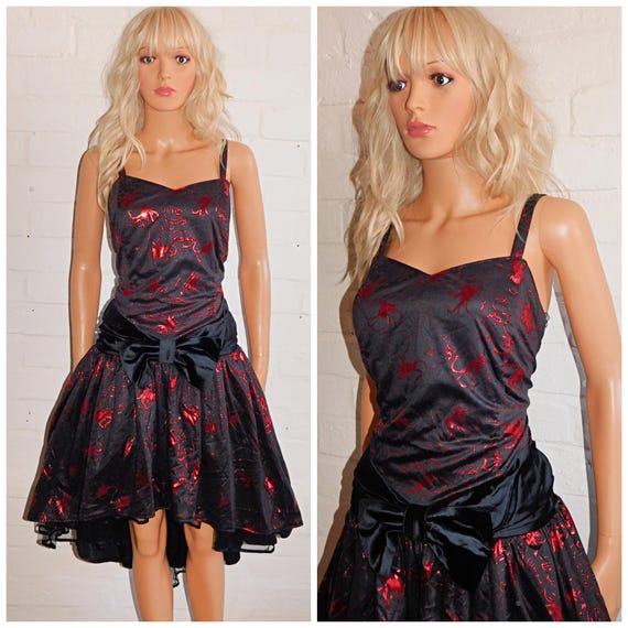 Vintage 80s BLACK Red Metallic FLORAL Drop Waist BOW Prom Party Dress 16 18 L Xl Kitsch Wet Look Asymetric Detatchable straps