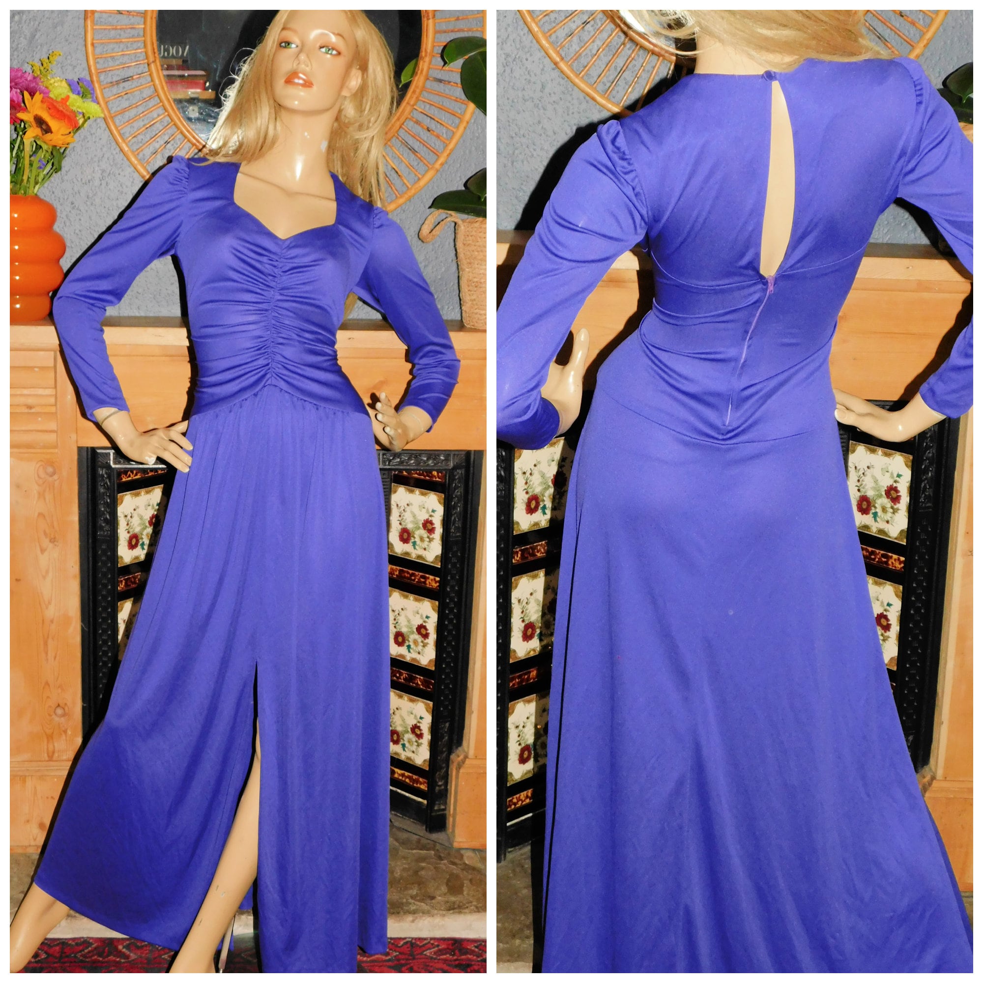 Vintage 70s PURPLE Cutout SLIT Maxi Disco Dress 8 10 S Xs 1970s