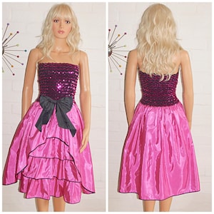 Vintage 80s Bubblegum Pink Black SEQUINNED Bow AVANT GARDE Ruffled Prom Party Dress 8 10 S 1980s Kitsch Extreme