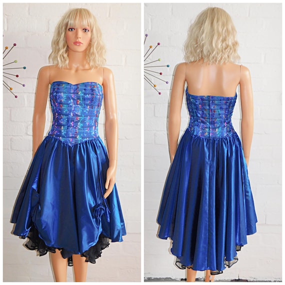 Vintage 80s Blue METALLIC Shimmer Dipped Hem Strapless Prom Party Dress 10 12 S M 1980s Kitsch Cocktail Shiny
