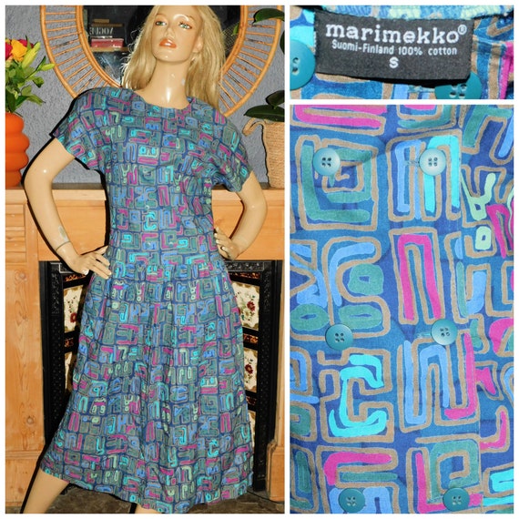 Vintage 80s MARIMEKKO Multicoloured GEOMETRIC Drop Waist Day Dress 10 12 S 1980s Cotton Iconic