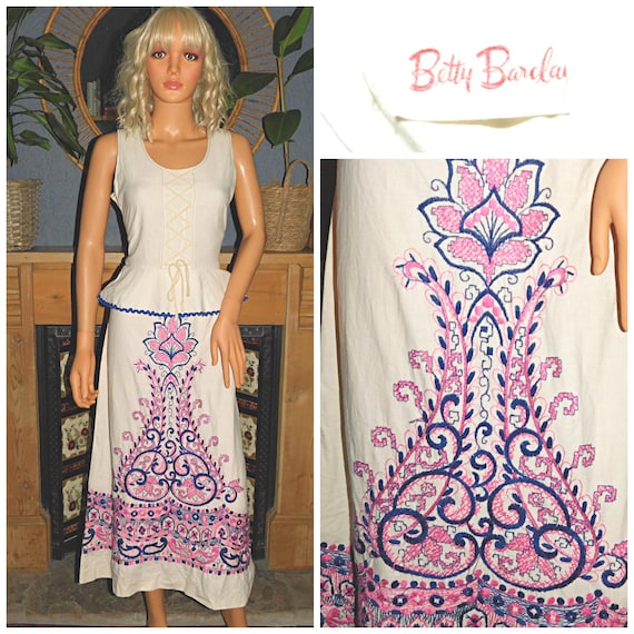 Vintage 70s Cream Pink Purple EMBROIDERED Betty Barclay Bohemian Psychedelic PEPLUM PRAIRIE Midi Dress 10 Boho Folk Hippie Woodstock