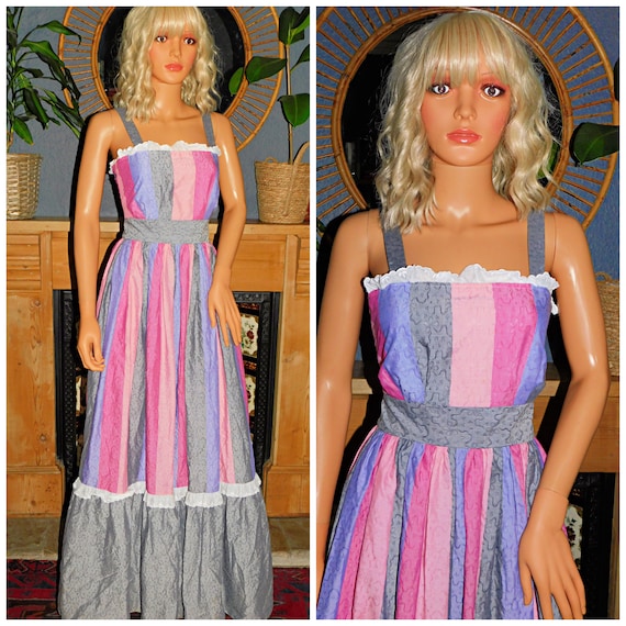 Vintage 70s Gina G Pink Grey STRIPED Broderie Anglaise Trim Maxi Dress 8 S 1970s Prairie Bohemian Boho Hippy