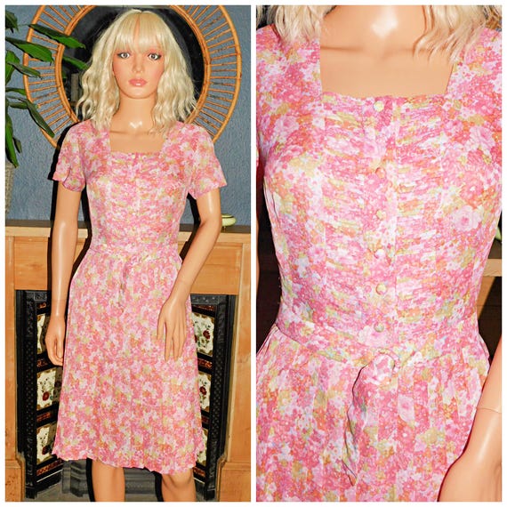 Vintage 50s Pink FLORAL Print Semi SHEER Pleated Tea Dress 12 M 1950s Mid Century