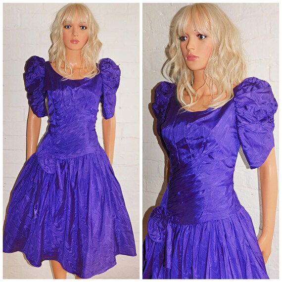 Vintage 80s Purple Ruched PUFF Slvd Prom Party Dress 10 S 1980s Cocktail Kitsch PRINCESS