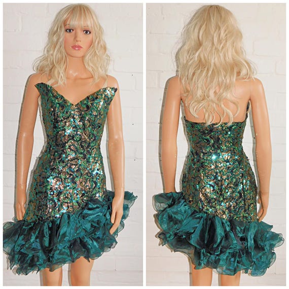Vintage 80s Green Gold Strapless Sequin RUFFLED Wing Bust Prom Party Dress 10 S 1980s Trashy Extreme Cocktail Avant Garde MINI