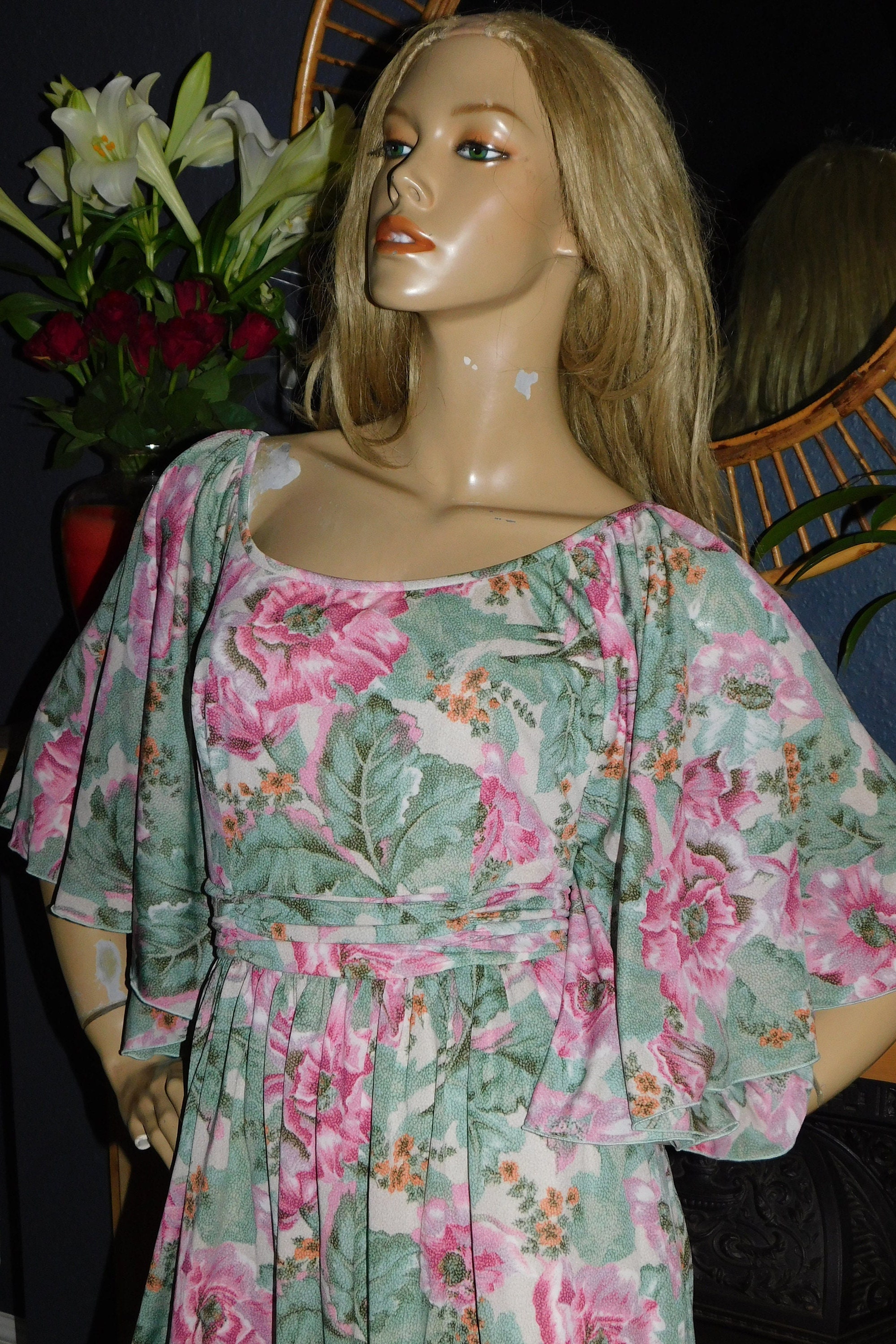Vintage 70s Green Pink FLORAL Print ANGEL Wing Slvd Maxi Dress 10-12 S ...