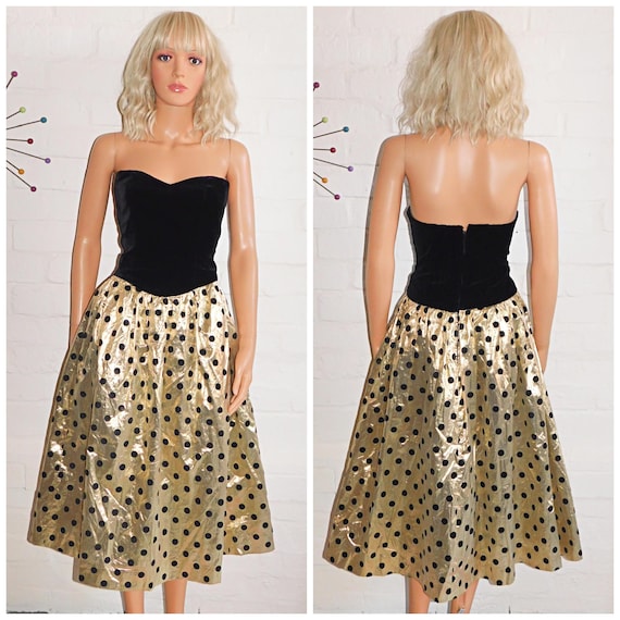 Vintage 80s Black METALLIC Gold POLKA Dot Strapless Prom Party Dress 8 10 S 1980s