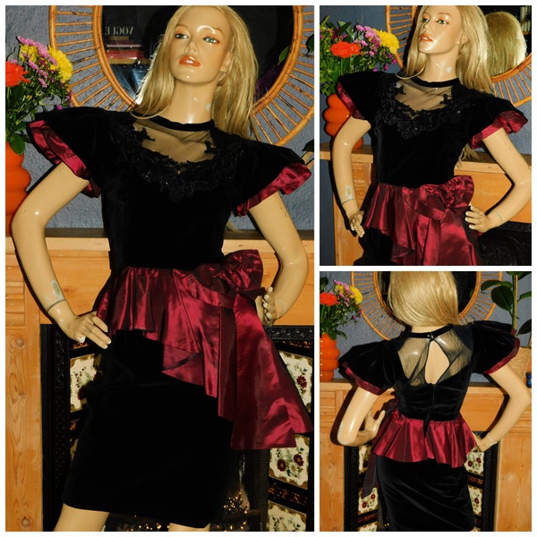 Vintage 80s Black Claret AVANT GARDE BOW Peplum Prom Party Dress 8 S Xs 1980s Kitsch Extreme