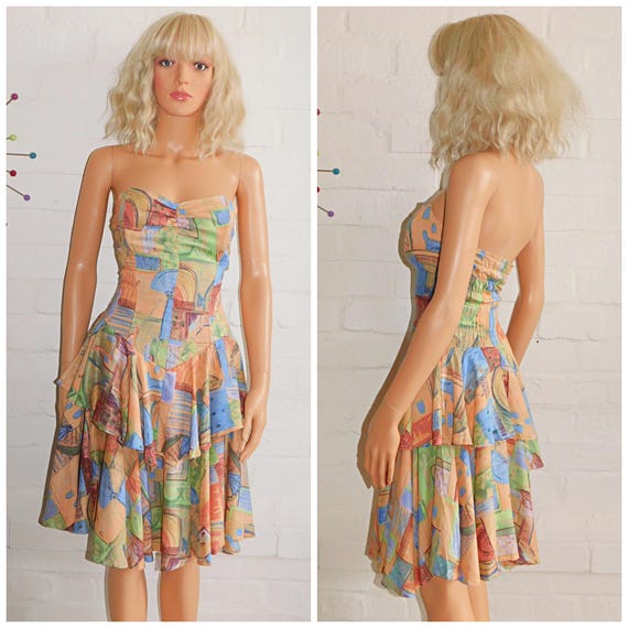 Vintage 80s PASTEL IMPRESSIONIST RaRa Strapless Dress 14 M 1980s