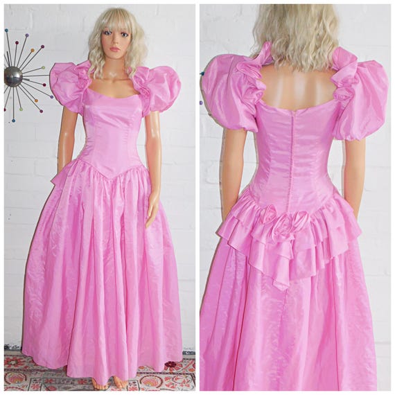 Vintage 80s Pink BUSTLE Back PUFF Slvd Prom Party Dress 6 8 Xs 1980s Kitsch Princess Extreme Fantasy Bridesmaid