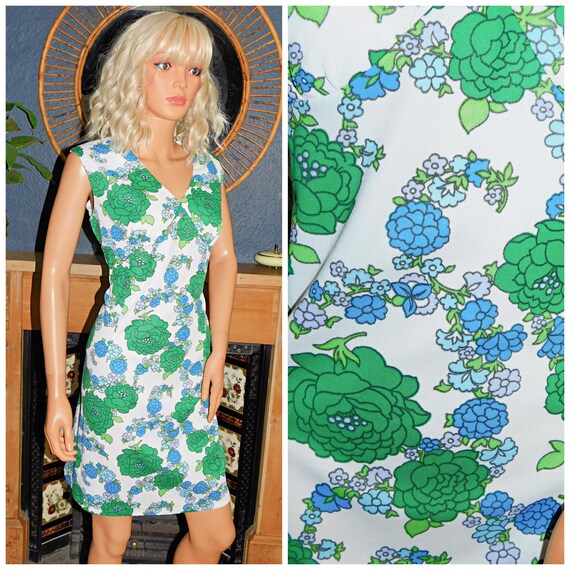 Vintage 60s White Green Blue FLOWER POWER PSYCHEDELIC Mod Scooter Dress 16-18 L Xl 1960s Modette Kitsch