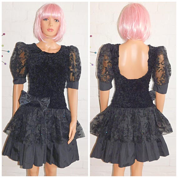 Vintage 1980s Black BOW Drop Waist PUFF Slvd RaRa Prom Party Dress 80s 8 S 80s KITSCH Lace Trim Puffball Halloween