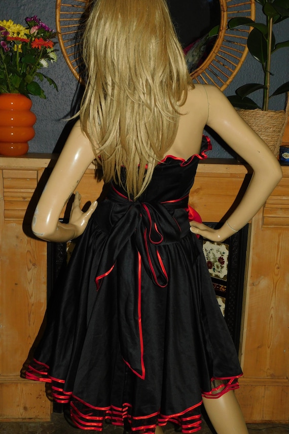 Vintage 80s Black Red STRAPLESS BOW Prom Party Dress 8 S Xs
