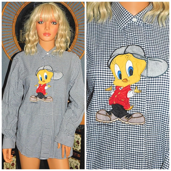 Vintage 80s 90s Black White CHECK TWEETY PIE Applique Shirt Blouse 14 16 M L 1980s Kitsch Novelty