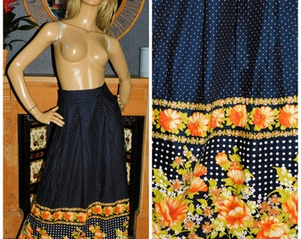 Vintage 70s Multicoloured Dotty Floral Print BOHEMIAN Contrast Cotton Maxi Skirt 8 S 1970s Boho Hippy Hippie Ethnic