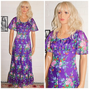 Vintage 70s Purple Multicoloured FLORAL FLUTTER Slvd Bohemian Midi Maxi Dress 10 S 1970s Boho