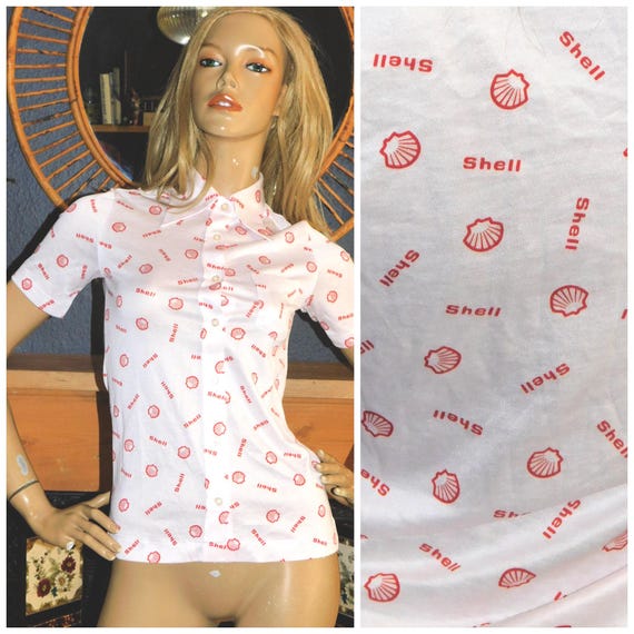 Vintage 70s White Red NOVELTY SHELL Print Fitted Stretch Shirt Blouse 4-6 Xxs Xs 1970s Kitsch Dagger Collar