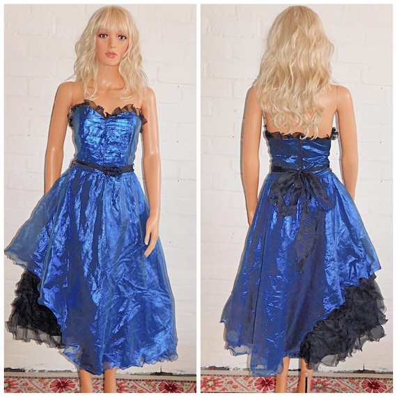Vintage 80s Metallic Blue Black STRAPLESS Net Tulle PRINCESS Prom Party Dress 8 10 S 1980s Fantasy Kitsch Extreme Costume Hitched