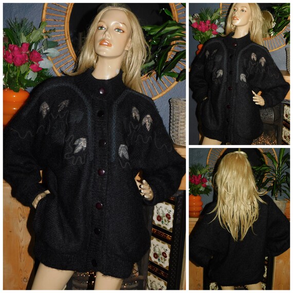 Vintage 80s Black APPLIQUE MOHAIR CHUNKY Knit Cardigan M L - Etsy