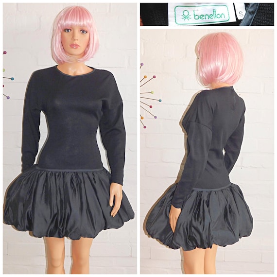 Vintage 80s Benetton Black BUBBLE Hem Puffball Mini Prom Party Dress 6 8 Xs 1980s Kitsch Cocktail Avant Garde