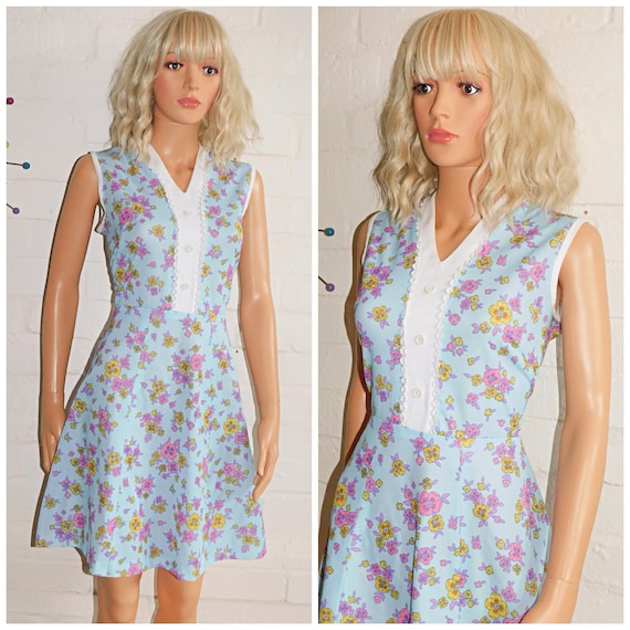 Vintage 60s Blue FLORAL Print MOD Scooter Dress 10-12 S M 1960s CONTRAST Bib