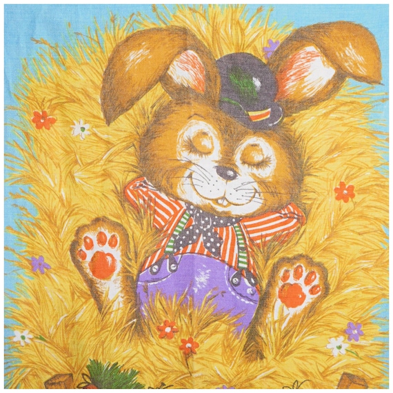 Vintage 60s 70s Blue Yellow Relaxing RABBIT Irish Linen Tea Towel Kitchenalia