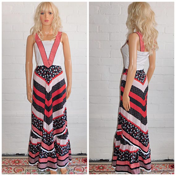 Vintage 70s BOHEMIAN Ditsy Floral Contrast Maxi Dress 6 8 XS 1970s FOLK Hippy Hippie Festival Boho Prairie Black White Red Peggy Lane