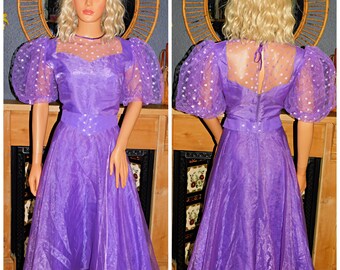 Vintage 80s Purple PUFF Slvd PRINCESS Net TULLE Prom Party Dress 14-16 M L 1980s Extreme Kitsch Fancy Dress Costume