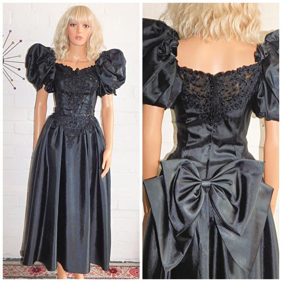 Vintage 80s AVANT GARDE Extreme Black BOW Gothic Princess Prom Party Dress 10 S 1980s Kitsch Puff