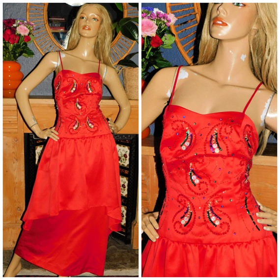 Vintage 80s Lipstick Red PRINCESS PAISLEY Sequinned Peplum Prom Party Dress 10-12 S M 1980s Kitsch Cocktail Evening