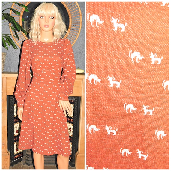 Vintage 70s Kitsch Tan NOVELTY DOG Print Boho Day Dress 14 16 M L 1970s Pat Farrell