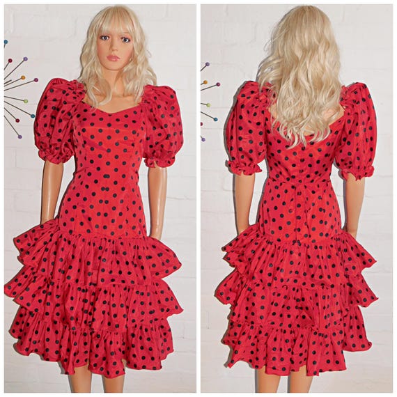 Vintage 80s Red Black POLKA Dot Drop Waist RARA Ruffled Prom Party Dress 10 S 1980s Cocktail Kitsch Extreme