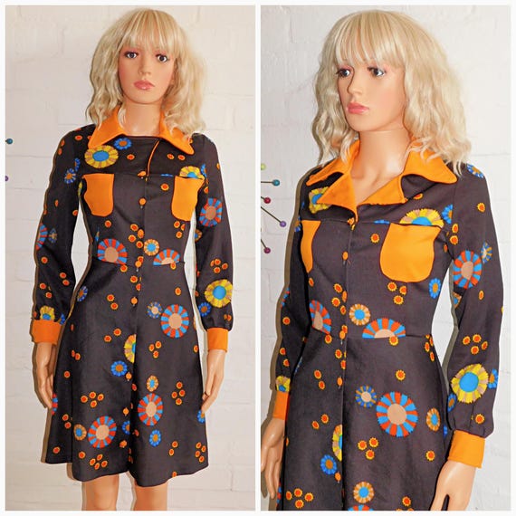 Vintage 60s Brown Orange Contrast GEOMETRIC Print Mod GOGO Dress 10 12 S M Modette Kitsch