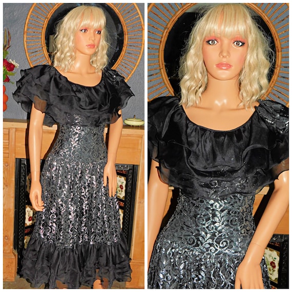 Vintage 80s Black METALLIC Silver RUFFLED Prom Party Dress 8 S 1980s Halloween