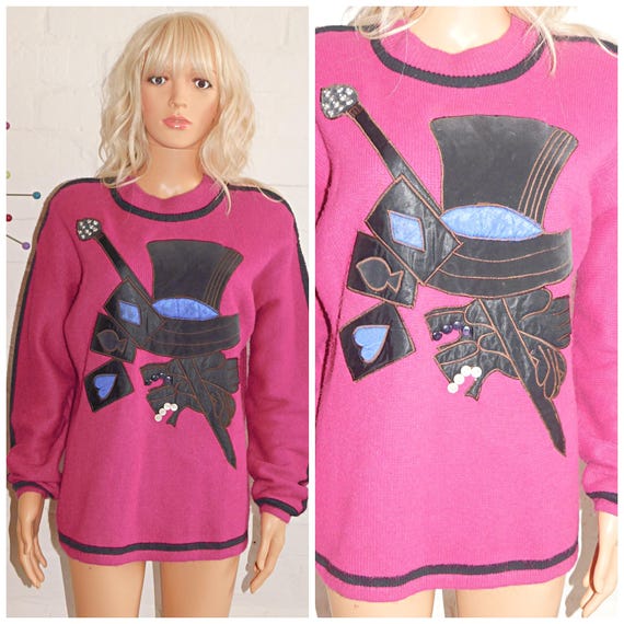Vintage 80s Magenta Pink Magicians TOPHAT Playing CARDS NOVELTY Print Jumper Sweater M 1980s Kitsch