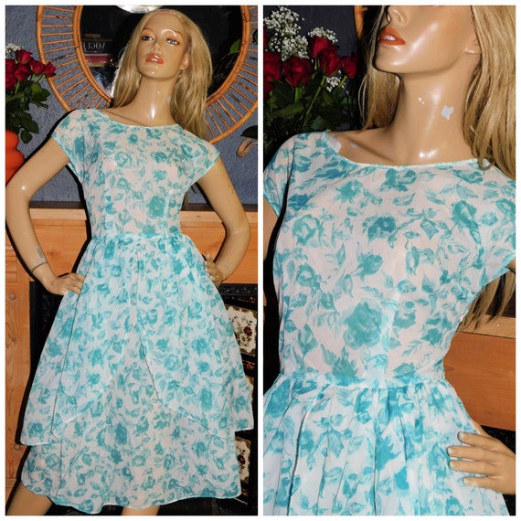 Vintage 50s Blue White Pastel FLORAL Full Skirt Tea Dress 10-12 S M 1950s Mid Century Semi Sheer